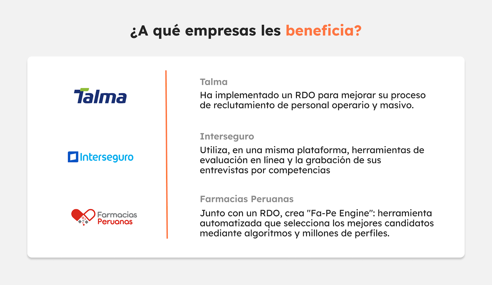 ¿A que empresas les beneficia? Pues a Talma, interseguro y Farmacias Peruanas. Aprovechan los beneficios del RDO, herramientas de evluación en linea, grabación de sus entrevistas y otros beneficios de la transformación digital.